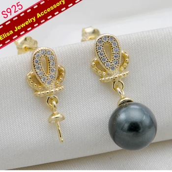 

Vintage Crown Design Drop Earrings Fittings S925 Sterling Silver Pearl Earrings Settings Women DIY Earrings Accessory 3Pairs/Lot