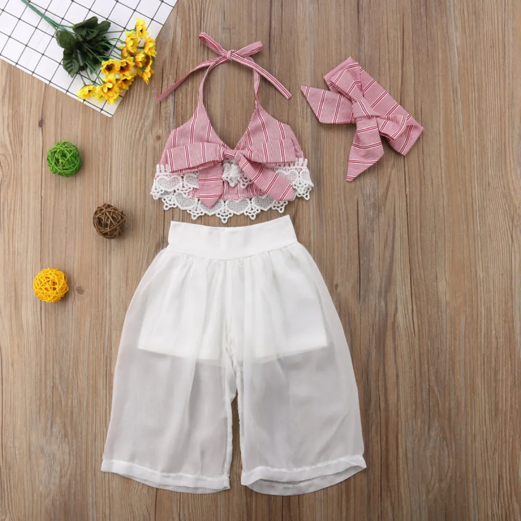 

2019 Kids Baby Girl for Costumes clothes Bow Lace Halter Striped Tops+Tulle Pant Headband Outfits Set costume kids clothing