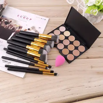 

15 Colors Concealer Palette + 10pcs Make Up Brushes Kit + Sponge Puff Makeup Contour Palette Paleta De Corretivo Facial