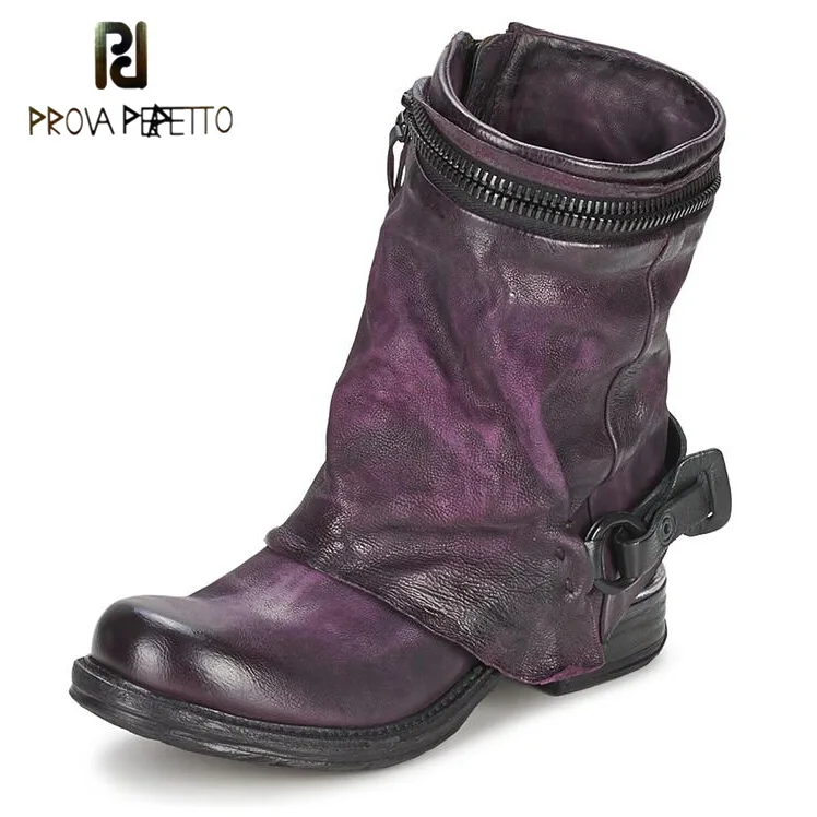 

Prova Perfetto Winter Autumn Genuine Leather Women's Martin Boots Flat Bottom Zipper Up Buckle Decoration Warm Cozy Short Boots