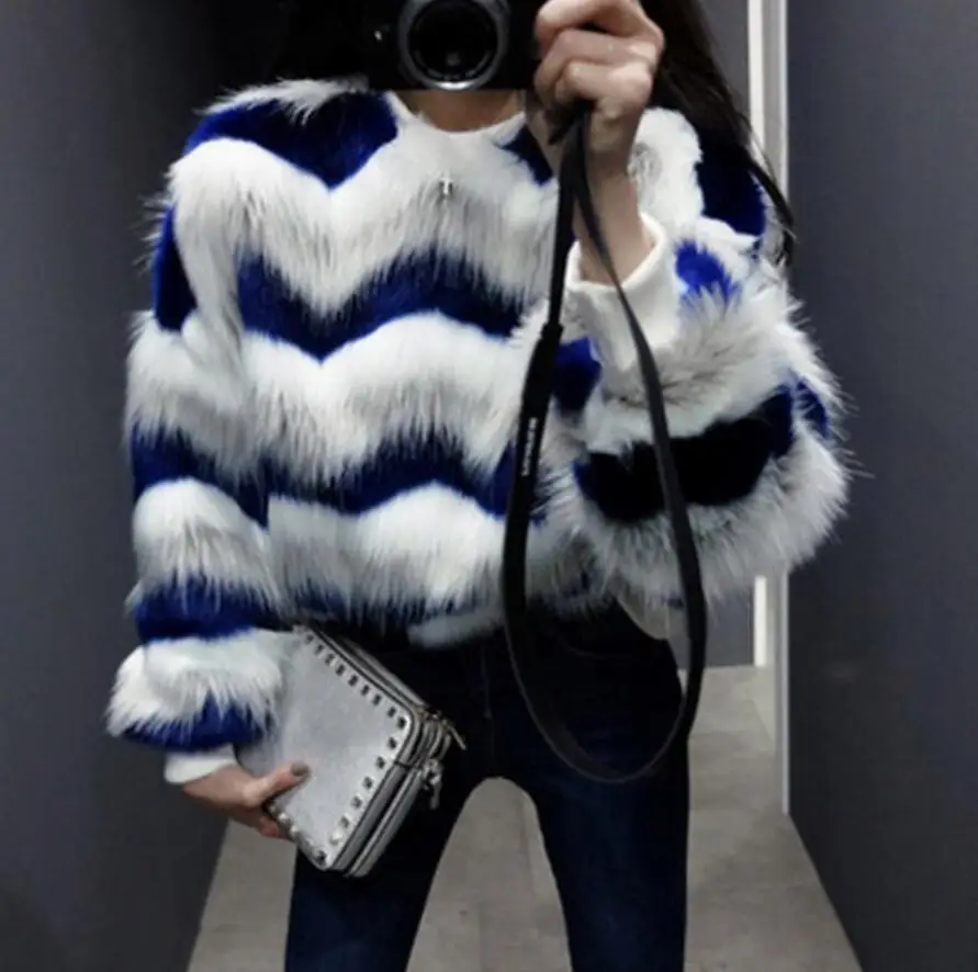 

Faux fur sweater women's new 2018 autumn and winter stripes Contrast color short Faux Fur Faux Pullover fox fur fashion coat