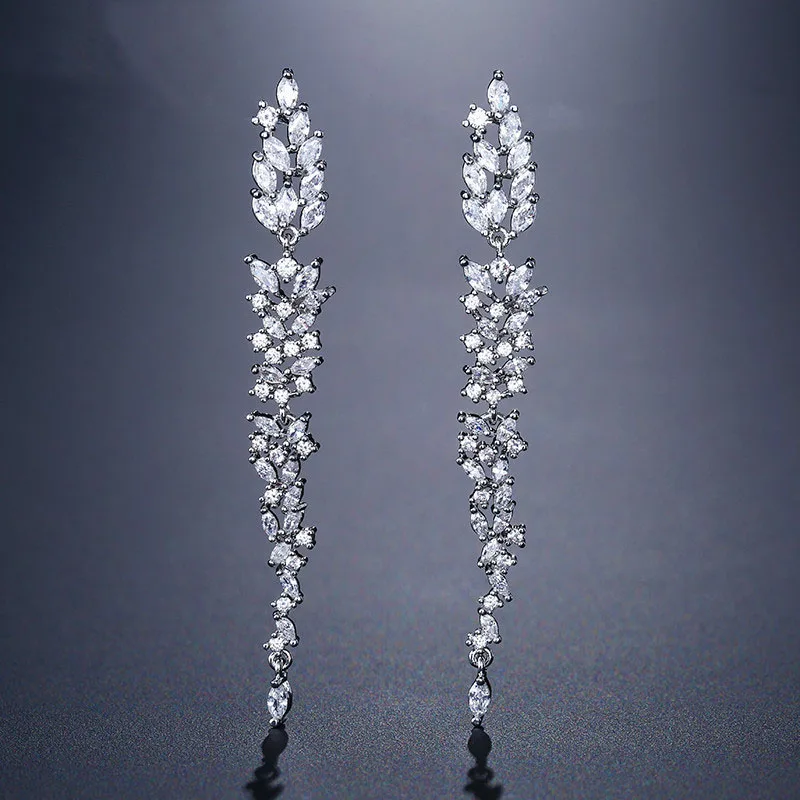 

LISM Popular Long Leaf Bridal Earring Full Mircon Prave Cubic Zircon Sparking Fringe Wedding Fashion Jewelry