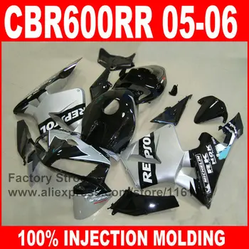 

7gifts custom Injection Molding for HONDA 2005 2006 CBR 600RR CBR600RR fairings kit 05 06 Black silver repsol fairing set