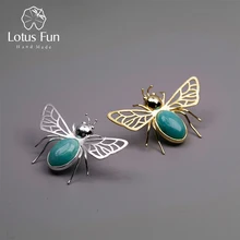 Lotus Fun реальные 925 серебро Амазонит натуральный ручной работы Ювелирные украшения милые выдалбливают медоносных пчел Дизайн Броши для Для женщин