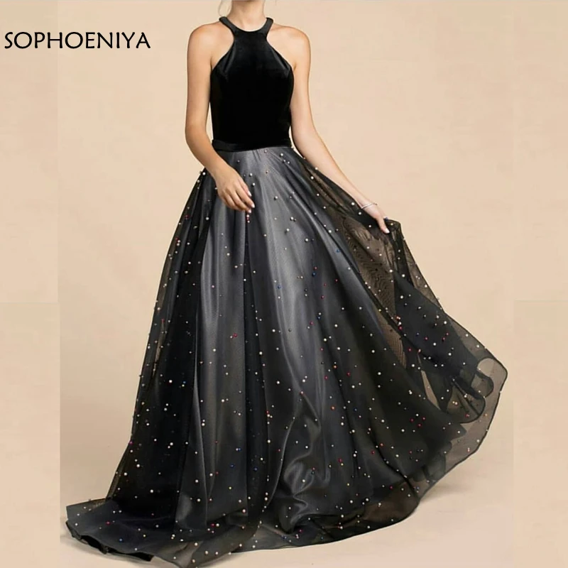 

New Arrival High Neck Black Evening dresses Long 2019 Abendkleider Pearls Beaded evening gown Vestidos de festa abiye elbise
