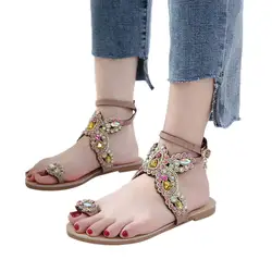 Женская пляжная обувь в римском стиле в богемном стиле; сандалии на плоской подошве со стразами; sapato feminino Sandalias Mujer 2019