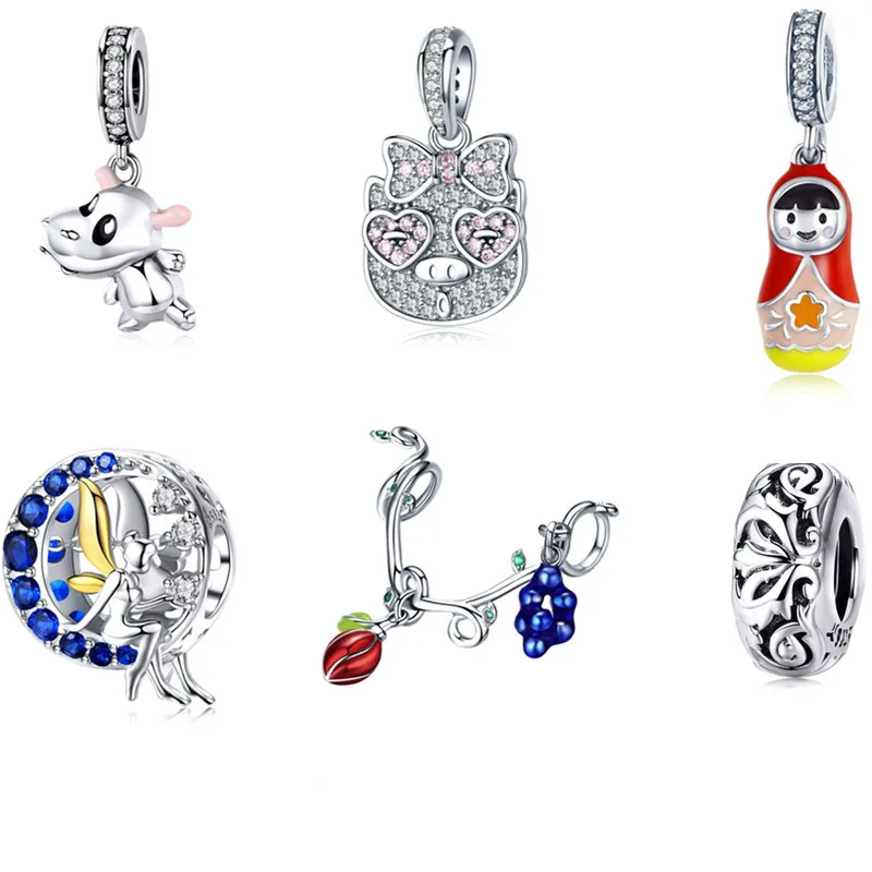 

INBEAUT 2019 Hot Sale Genuine 925 Sterling Silver Pink CZ Heart Eyepatch Pig Grape Fariy Enamel Girl Charms fit Pandora Bracelet