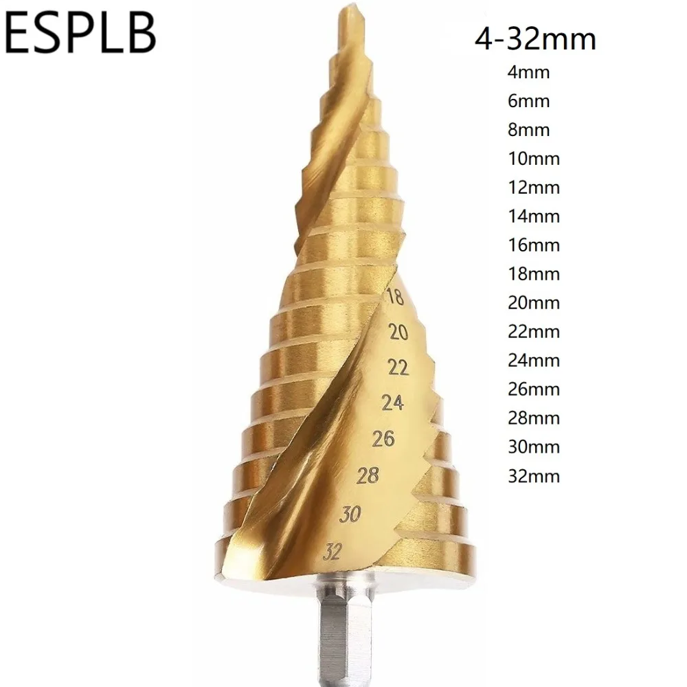 Esplb, 3 предмета, на возраст от 4 до 12 лет/20/32 мм сверло из стали HSS винтовая канавка шаг шестиугольник/Треугольники хвостовика сверла из поликристаллического алмазного Титан шаговый Пробойник с покрытием отверстие набор резцов