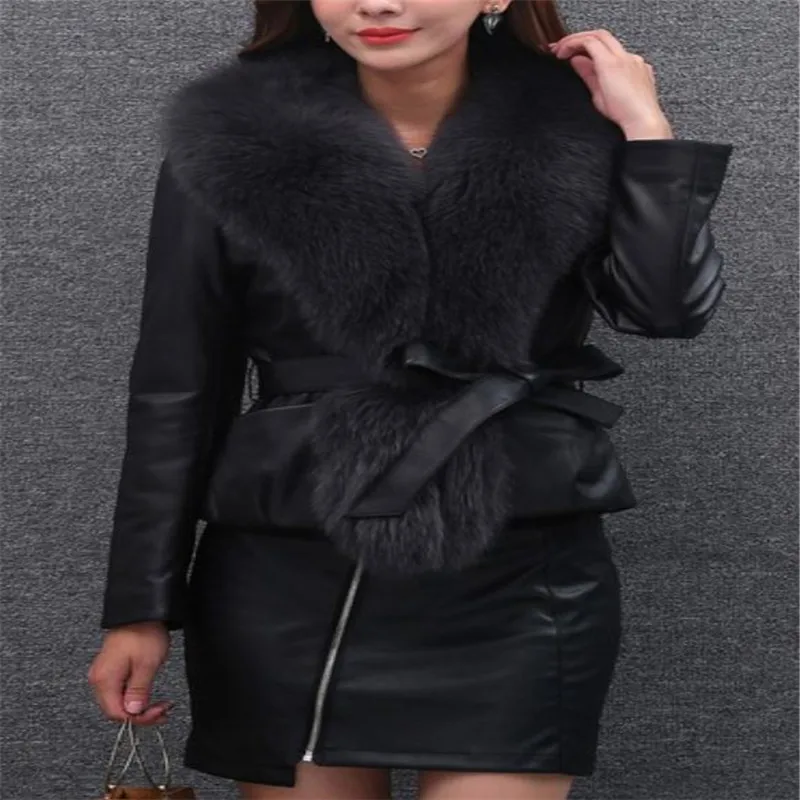 

Europe and America pu Jacket Coats Short plus Cotton Imitation Fox Fur Collar Jackets Black S-3XL Autumn and Winter Sheep Coats