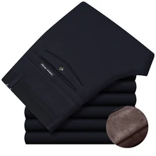 Зима с бархатом утолщаются мужские прямые брюки костюм Вязание высокой эластичности среднего возраста Бизнес повседневные брюки флисовые мужские брюки