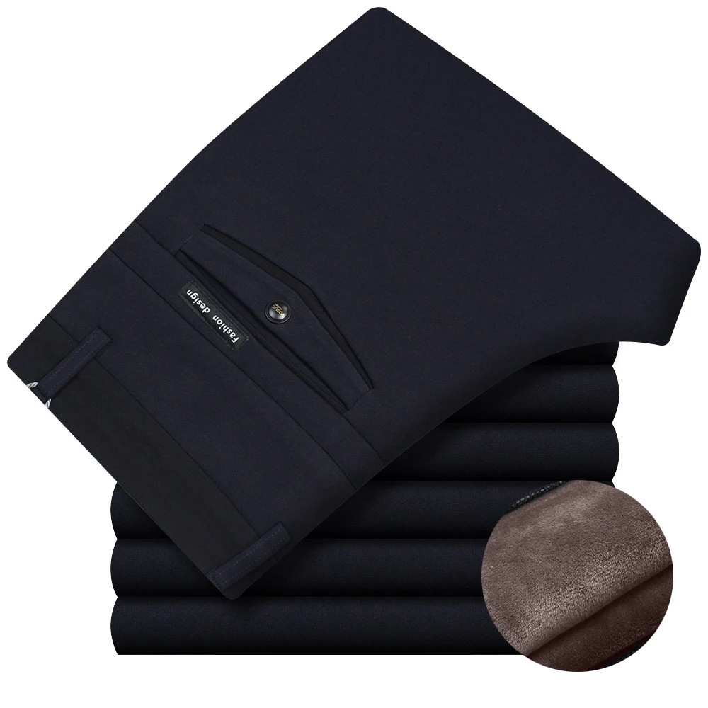 

Winter with velvet thicken men's straight suit pants knitting high elastic middle-aged business casual pants fleece men trousers