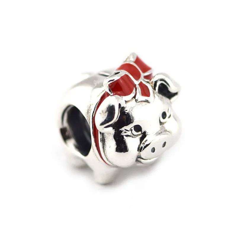 

Enamel Piggy Bank Charm Beads Valentine 925-Sterling-Silver Red Bow Knot Pig Animal Bead For Women Fit Brand Bracelet