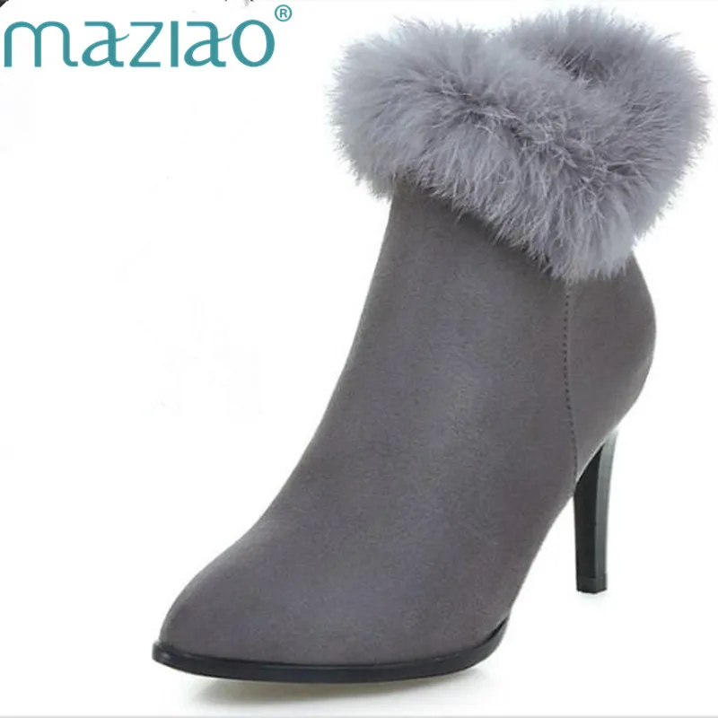 

MAZIAO Women Ankle Boots Plus Size 34-43 PU Zip High Spike Heel Pointed Toe Lady Autumn Woman Fashion Shoes Black Gray