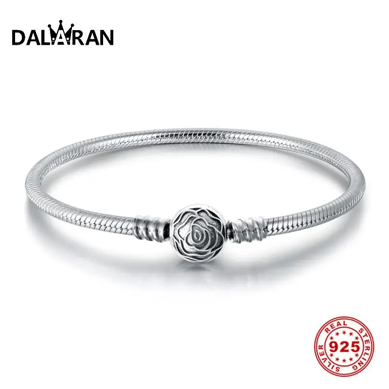 

DALARAN 925 Sterling Silver Rose Snake Chain Bracelet Basic Round Bangle Fit Original Charms Beads Pendant 17-20CM Women Gift