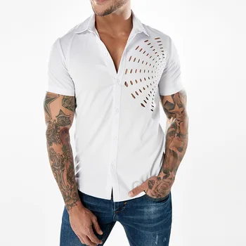 

Men's shirt pure color simple match chest fan hollow design Lapel men's short sleeve shirt