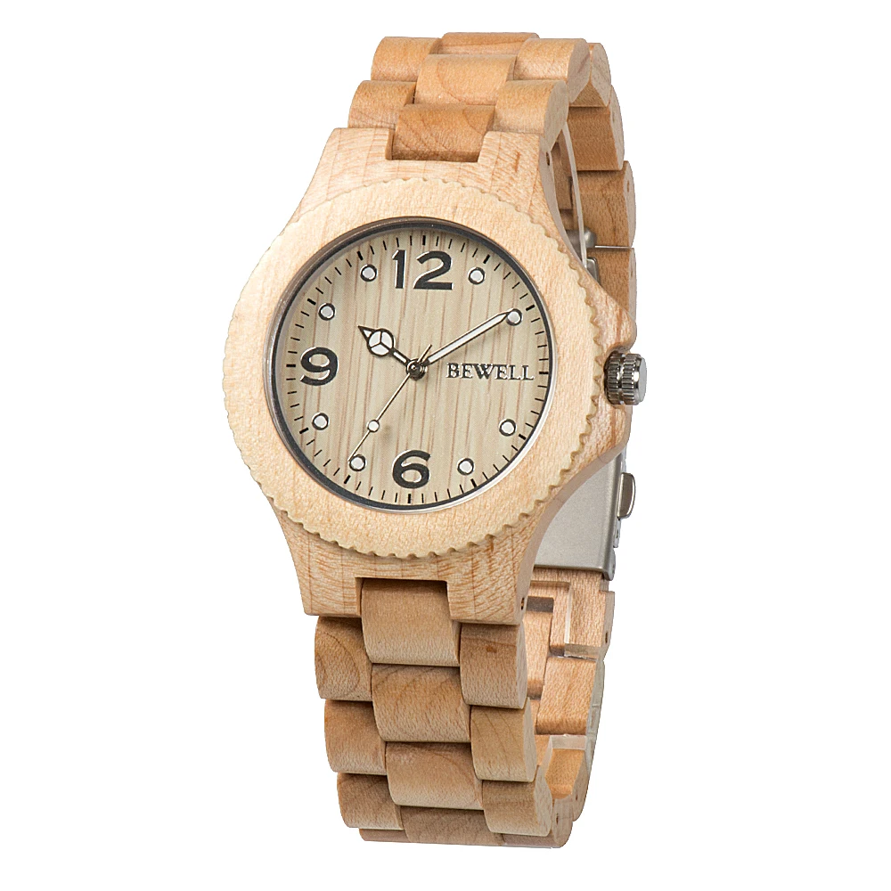 

BEWELL Handmade Unisex Wooden Watch for Men or Women Round Case Wood Strap Lightweight Luminous Pointers Vintage Watches W038A