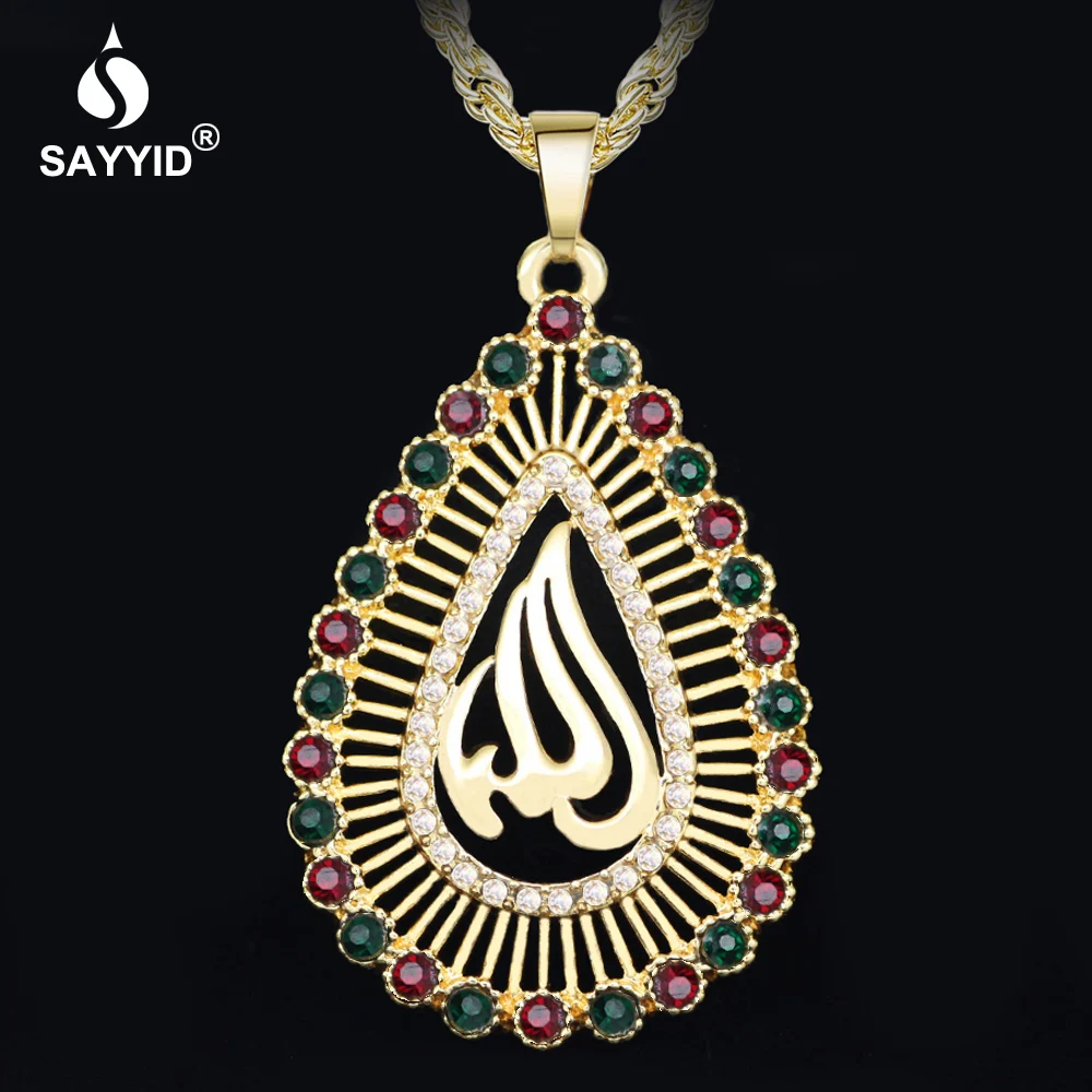 

SAYYID Moroccan Style Gold Necklace for Women Water Drop Pendant Long Necklace of Muslim Allah Scripture Rhinestone Necklace N29