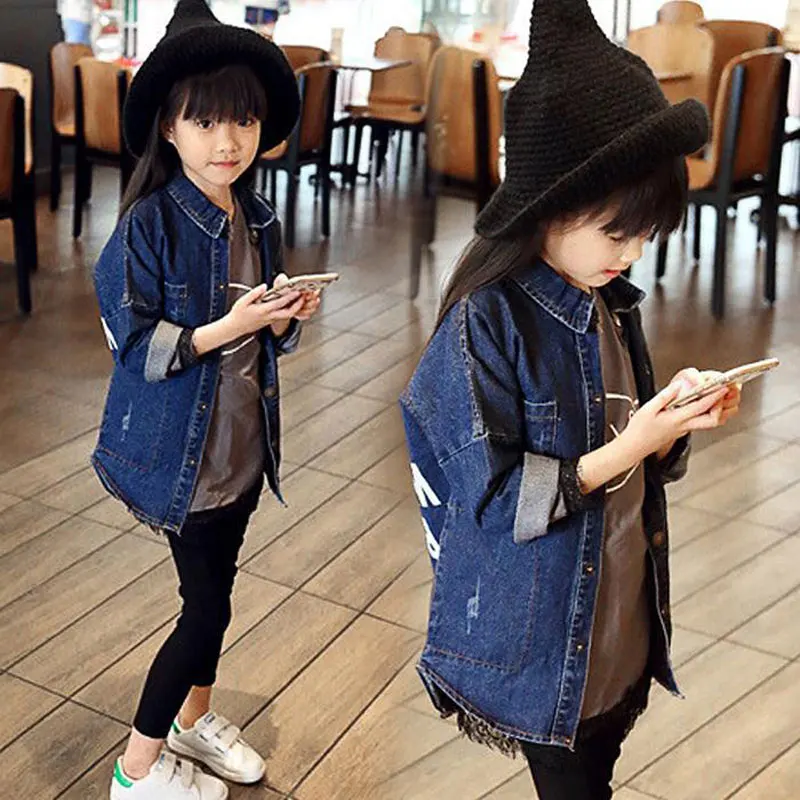 Весенне-осенняя модная куртка для девочек детская одежда джинсовые куртки Длинная одежда Детские пальто Верхняя одежда для девочек