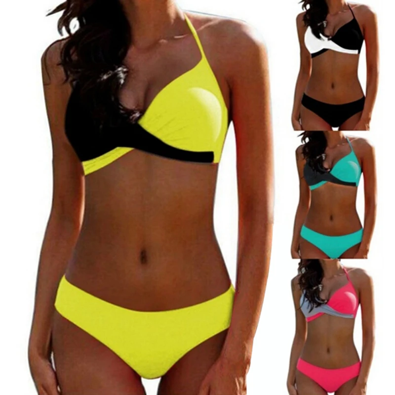 

2019 Push Up Bikini Multiple Colour Matching Split Bikini Women Swimwear Swimsuit Halter Top Bathing Suits
