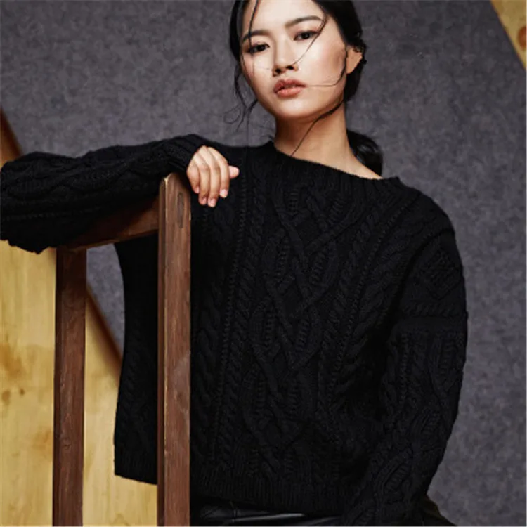  100%hand made pure wool Oneck twisted knit women streetwear solid loose short pullover sweater one&