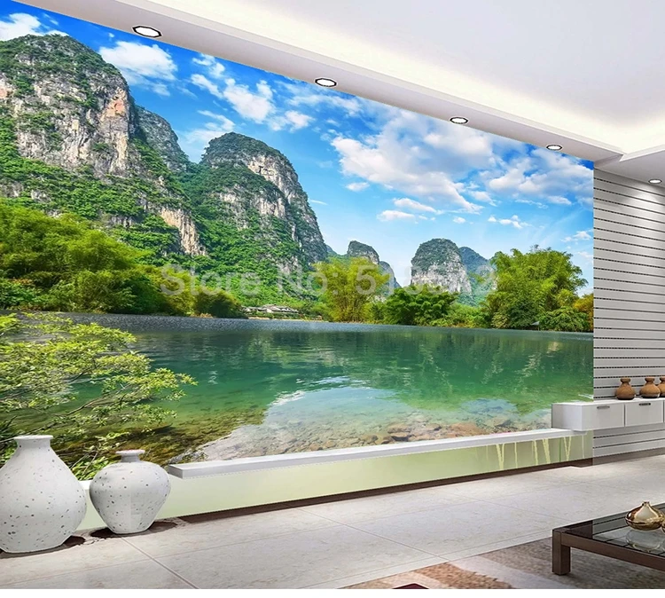 Пользовательские 3D фото обои горная вода природный пейзаж Фреска гостиная спальня ресторан настенные фрески домашний декор