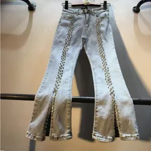 Новинка г. Весенняя мода тяжелый просверленные горный хрусталь бисером Высокая талия джинсы для женщин брюки женские, тонкие открытым промежность
