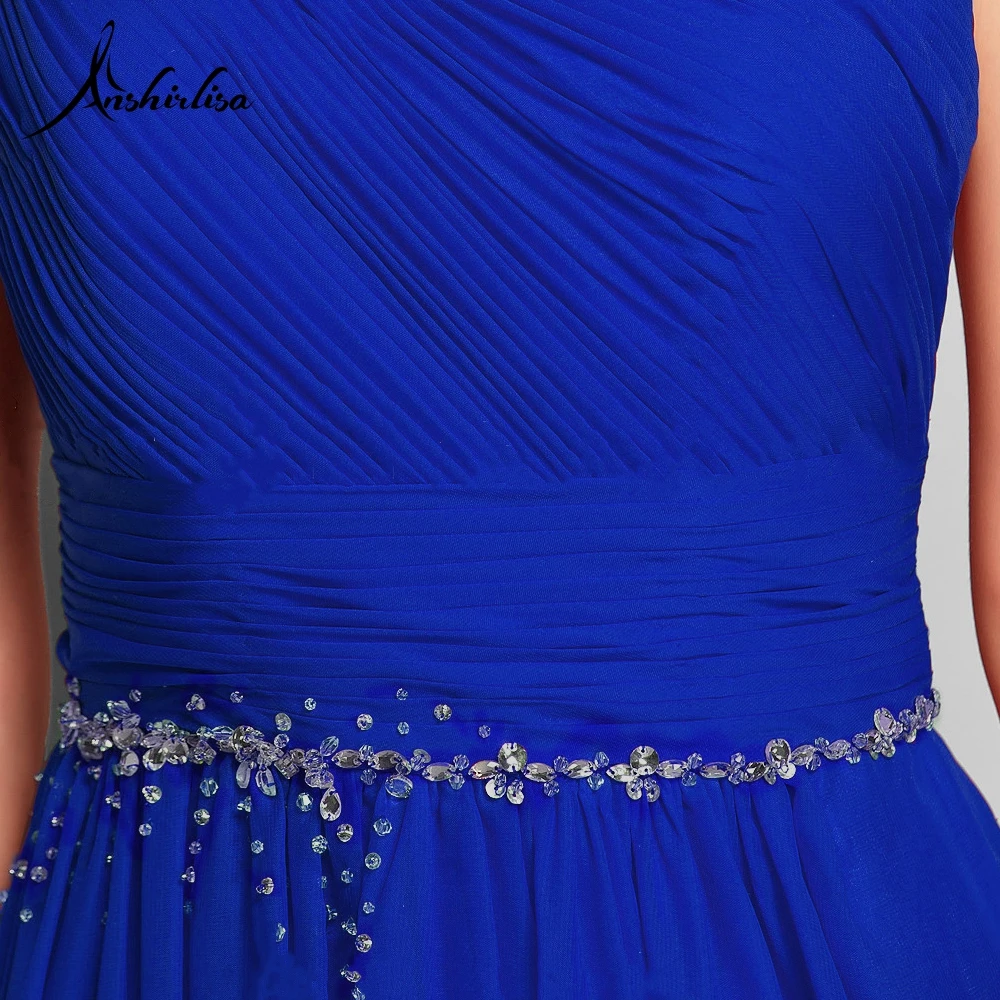 Anshirlisa Women's One Shoulder Beaded Pleated Chiffon Evening Dress Long Royal Blue Elegant A line Prom Gown for Formal Party