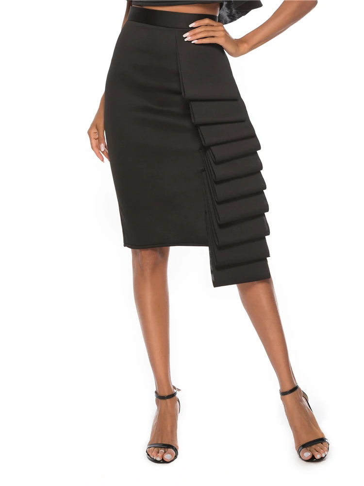 Модные комплекты из 2 предметов, летние женские сексуальные укороченные топы, юбки с открытыми плечами, с открытой спиной, с оборками, Клубные вечерние Облегающие юбки, Прямая поставка - Цвет: Black Skirt