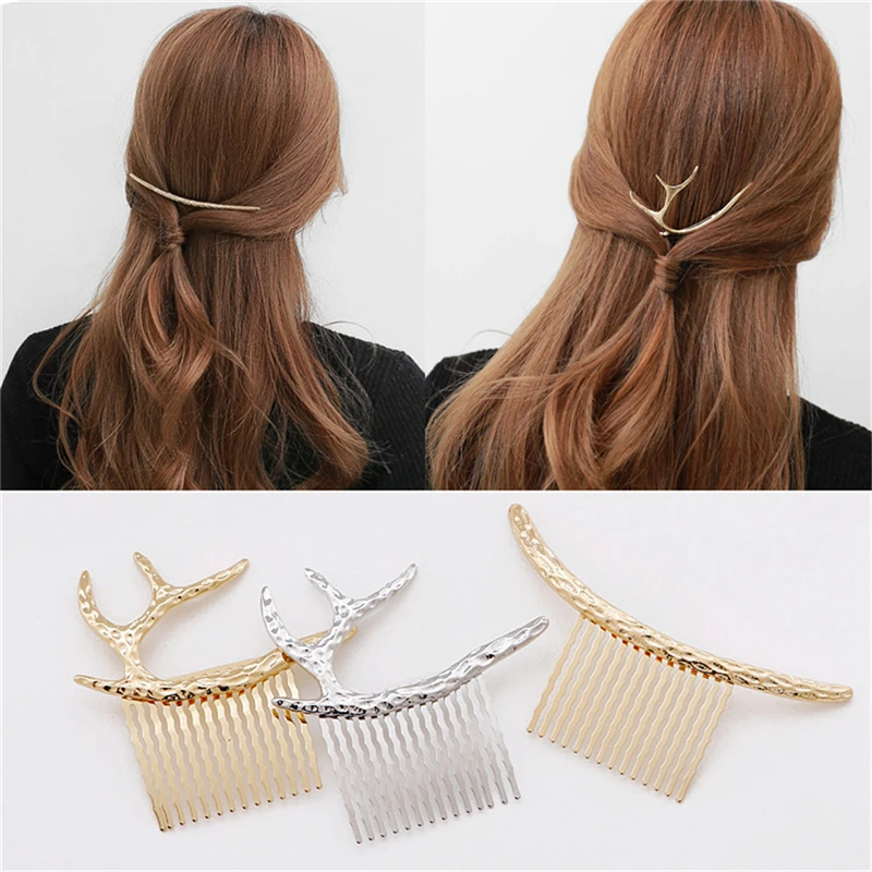 

Elastic Hair Band Accessories Headwear Creative Updo Metal Headpiece Fashion Hair Combs gold silver elk antlers retro arc comb