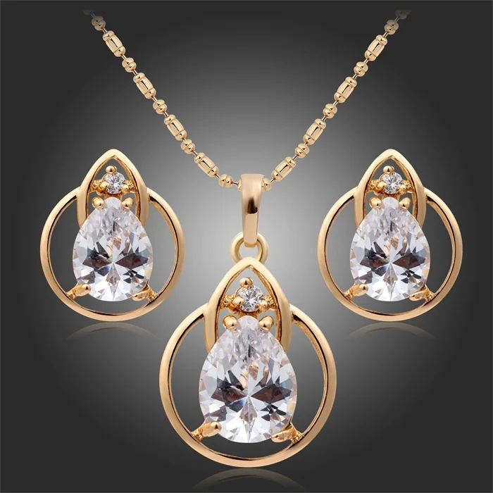 

New Fashion Design Baby Children Kids Girls Jewelry Sets Circles With Teardrop Cut CZ Stud Earrings and Charm Pendant Necklace