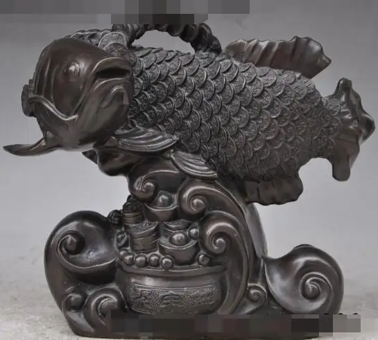 

S01591 10"chinese fengshui bronze Goldfish Fish wealth Treasure bowl money coin statue (A0321)