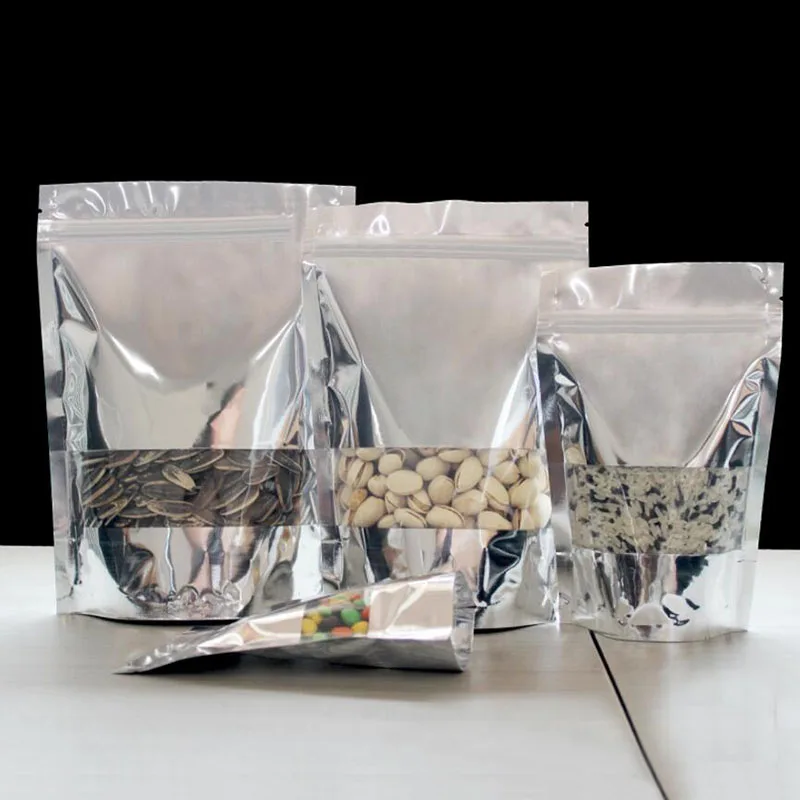 100 Pack, Silver Clear Stand Up Aluminum Foil Zip Lock Bags Resealable Heat Seal Plastic Window Bag, Food Storage Packing Pouch