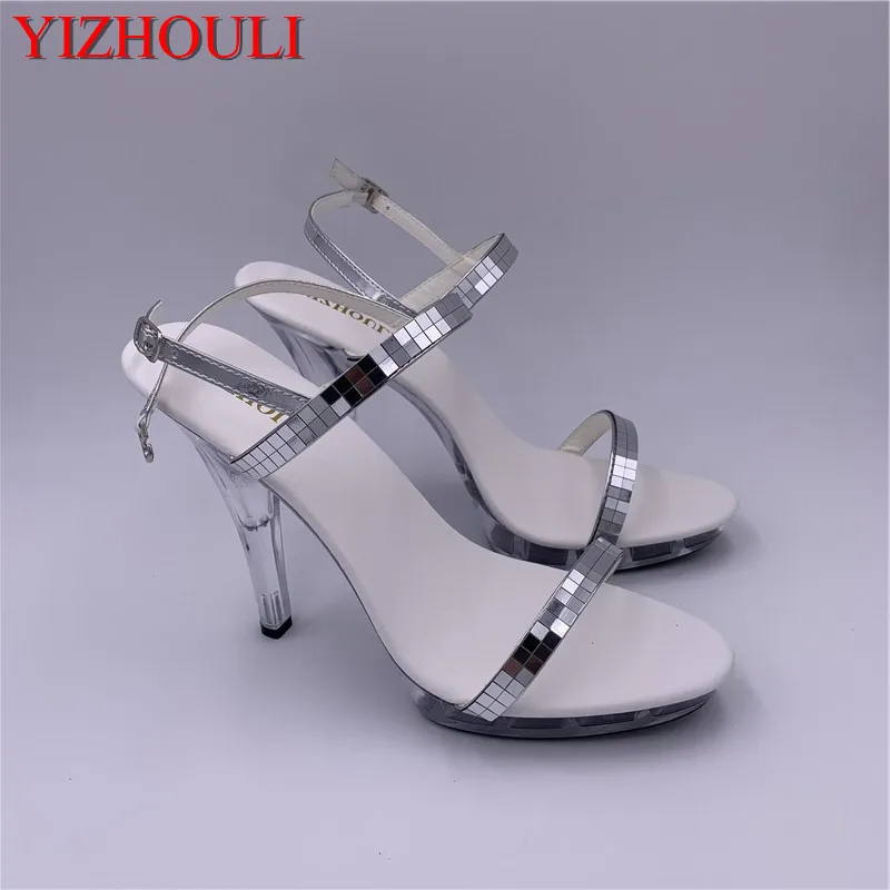 

Style, beautiful, silver shiny high - heeled shoes, 12 cm sexy model sandals