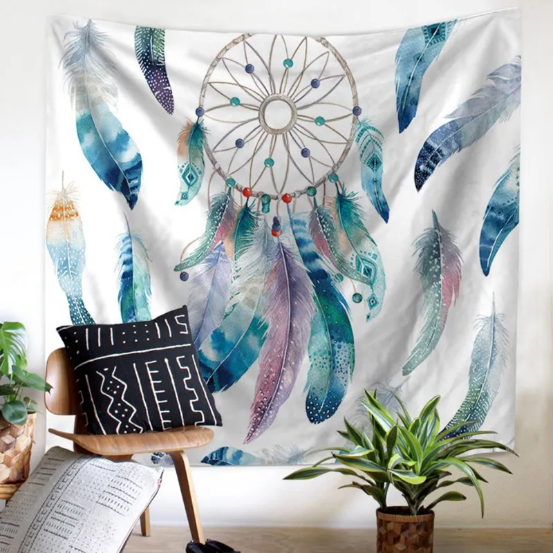 Colorful Dream Catcher Tapestry Polyester Bohemian Feather Printed Hippie Beach Tapestry Bedroom Ho