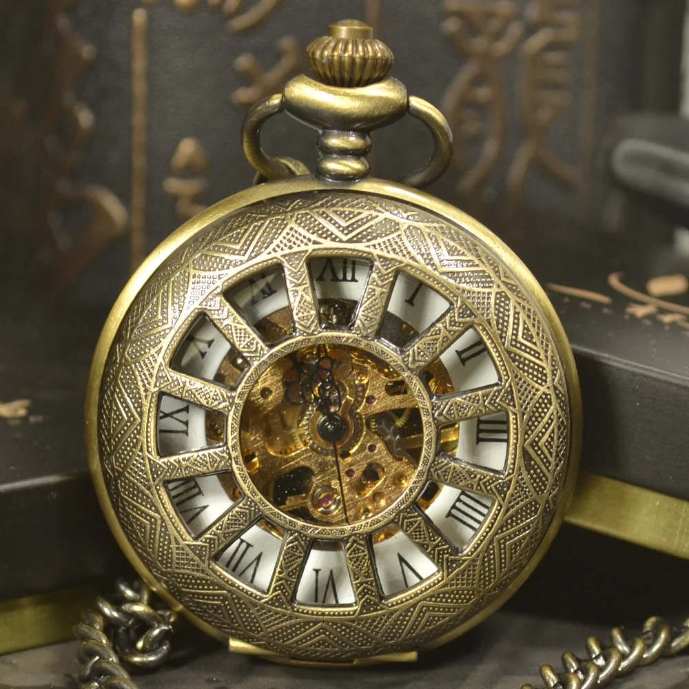 TIEDAN Steampunk Luxury Antique Bronze Skeleton Mechanical Pocket Watch Men Chain Necklace