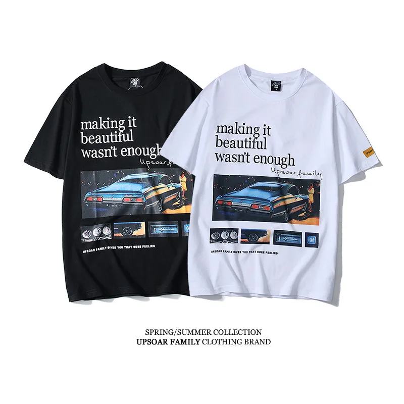 

New Hip Hop Tshirts Streetwear Men T shirt Black White Loose Short Sleeve Cotton Fashion T-shirt Car Letter Print Brand Clothing