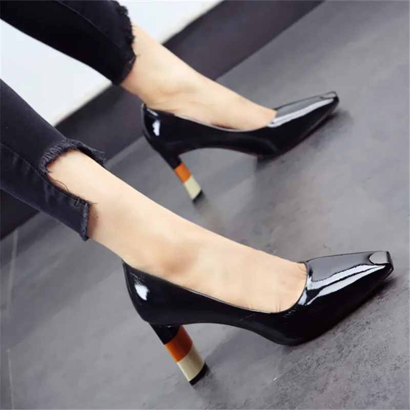 Dropshipping Colored Heel Fashion Women High Heel Shoes Metal Square Toe Girls Party Wedding Shoes Spring Women Pumps High Heels