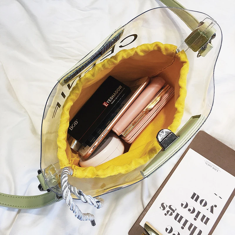 Summer New Fashion Bag Transparent Letters Solid Color Inner Bag Large Capacity Bucket Bag Shoulder Diagonal Ladies Bag