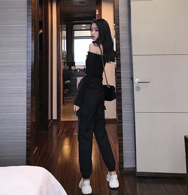 2019 New Women Set Loose High Waist Trousers + Suspenders T-shirt Slash Shoulder Two Pieces Overalls Suits Fashion Pocket Pants (5)