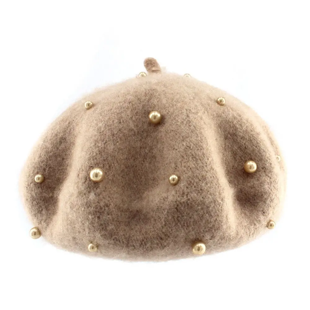 Модная зимняя детская Милая шерстяная шапка с жемчугом, карамельный цвет, ретро берет, шапка для мальчиков и девочек 3-8 лет, 1 шт - Цвет: khaki