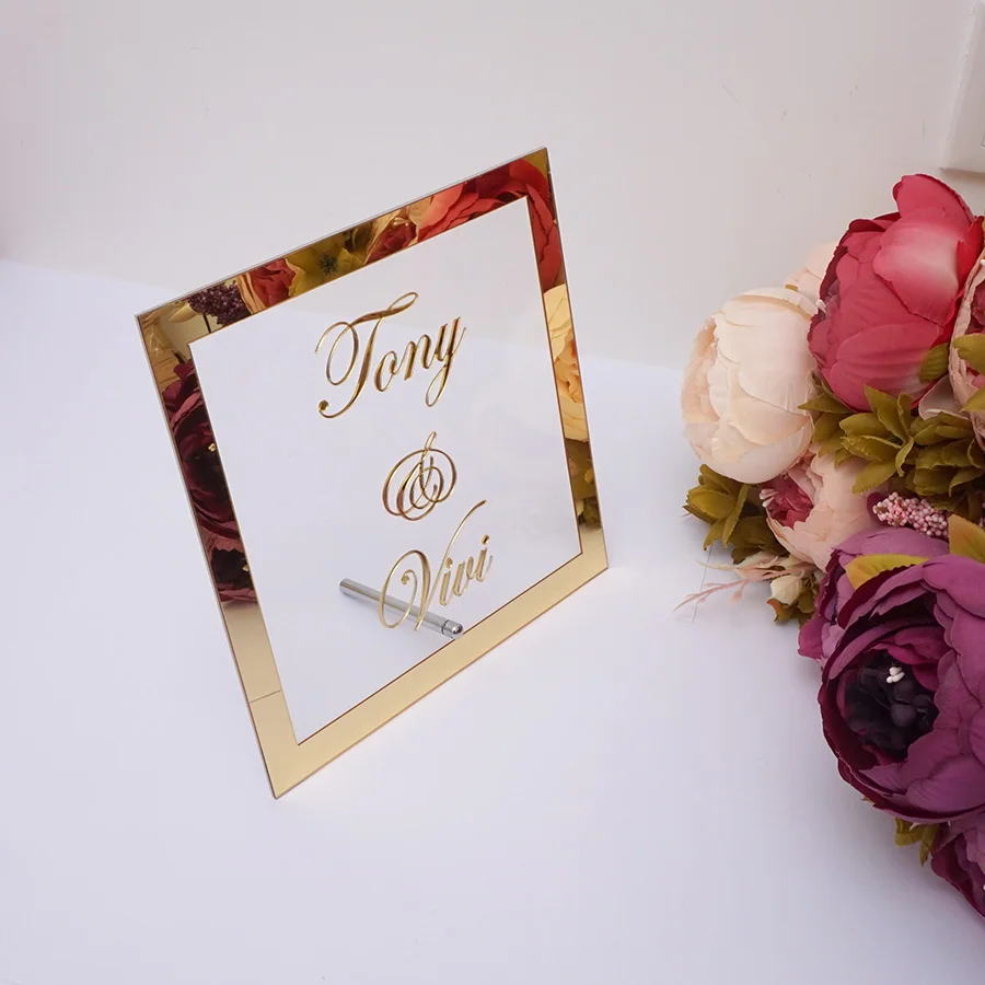 

Custom Wedding Bride Name Mirror Frame Acrylic Mirrored Welcome Guests Word Sign Party Decor Favor Plate with Nail Any Language