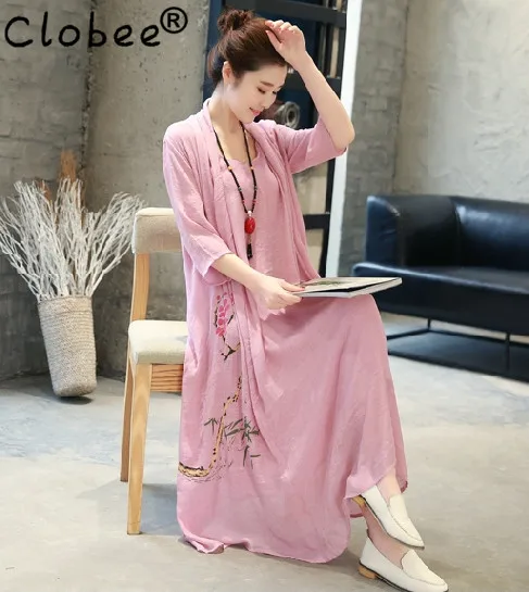 

2017 New Spring Style Women Cotton Linen Loose Long Printed Dress Casual Vintage Big Wiing Dress Fake Two Pieces Plus Size FJ63