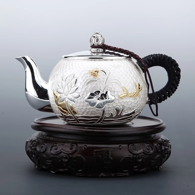 

Pure Silver Teapot 999 Handmade Household Kungfu Tea Set Lotus Gold Plated