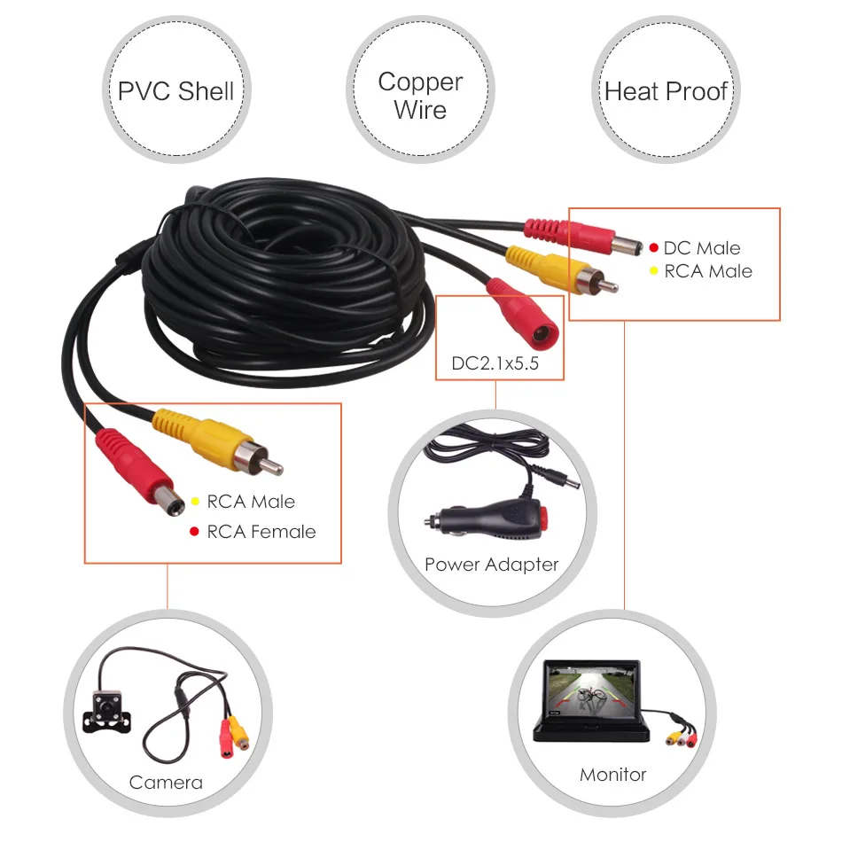 Автомобиль Грузовик Автобус DC Питание RCA AV видео 12V 24V Удлинительный кабель для