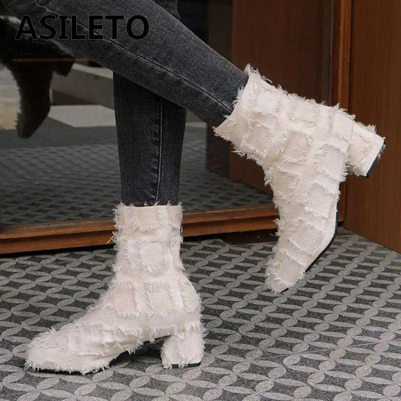 

ASILETO Ankle boots female Round toe broken Denim Block heels Back zipper fringe size 34-45 Winter boots Autumn Sapatos mujer