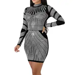 S-XL Высокое качество цифровой печати Женская платье с длинным рукавом пикантные Украшенные стразами Bodycon обтягивающая клуб Тонкий Мини