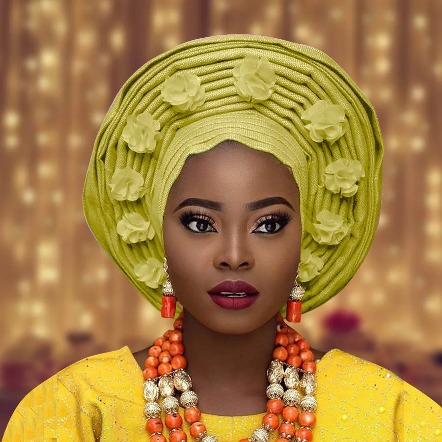 Африканский aso oke Авто геле для женщин с цветком нигерийский aso ebi головной убор для свадьбы - Цвет: gold