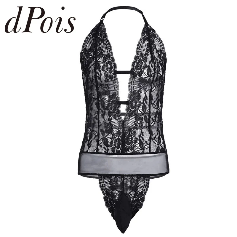 

Mens Lingerie Sleeveless Halter Backless See Through Lace Floral Sissy Pouch Open Butt One Piece Bodysuit Jumpsuit Nightwear