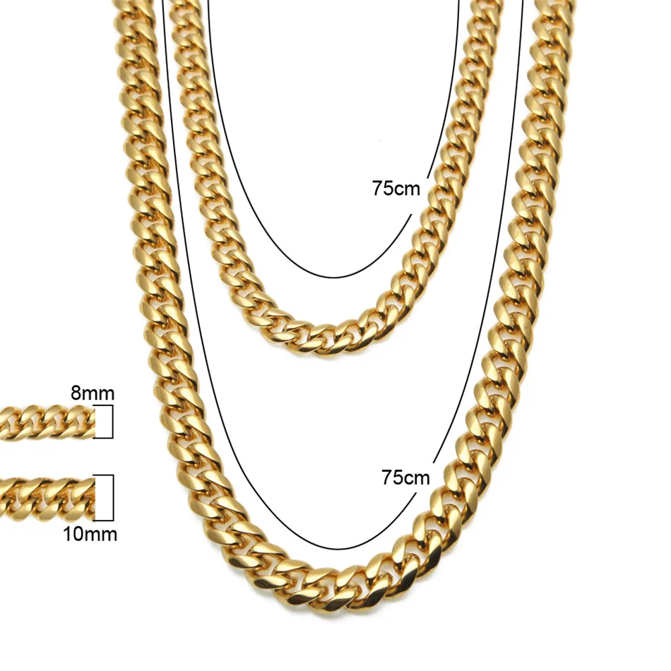 Online UWIN 8mm Miami cubano acera enlace Cadena de acero inoxidable de plata de oro de los hombres Hip hop collar Enlace 10mm 12mm 14mm