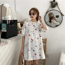 Vestido de verão 2018 Streetwear Japonês Harajuku Rabisco Padrão de Impressão vestido de Manga Curta Soltas Camisetas casuais D234